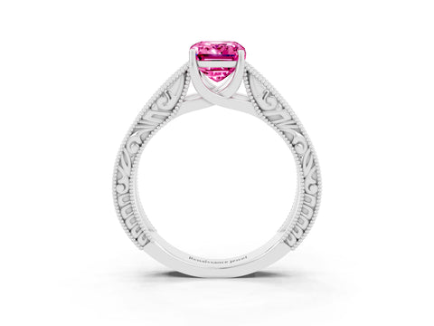 White gold Emerald Cut Pink Sapphire Solitaire Ring with Engraved Band and Four-Prong Setting_3
