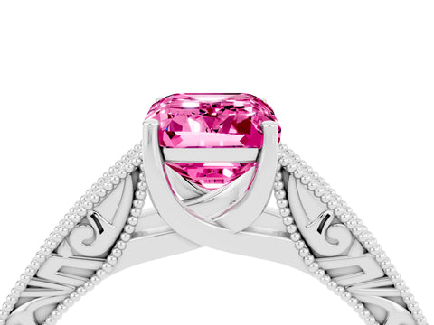 White gold Emerald Cut Pink Sapphire Solitaire Ring with Engraved Band and Four-Prong Setting_4