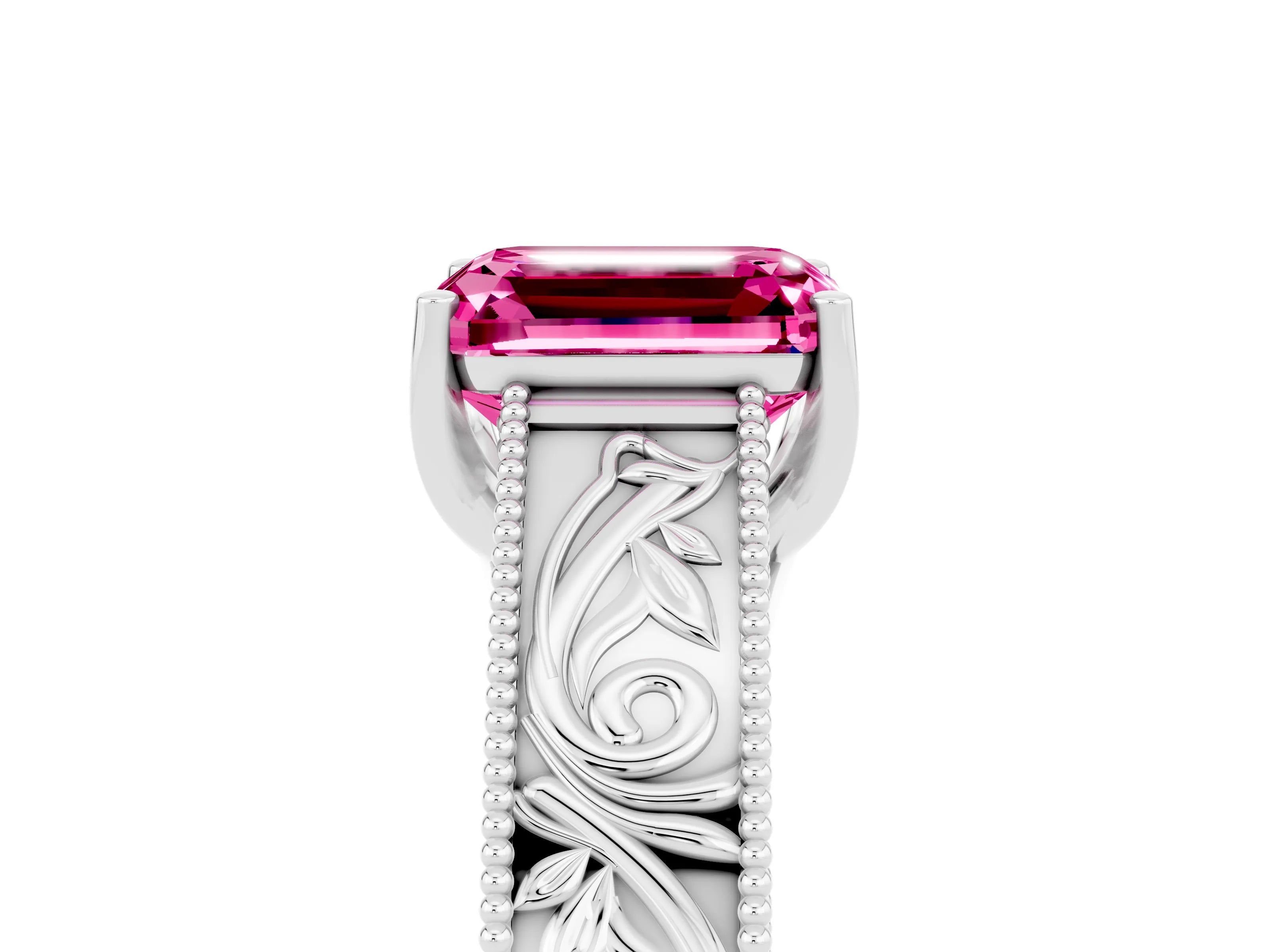White gold Emerald Cut Pink Sapphire Solitaire Ring with Engraved Band and Four-Prong Setting_5