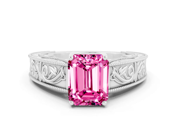 Silver Emerald Cut Pink Sapphire Solitaire Ring with Engraved Band and Four-Prong Setting