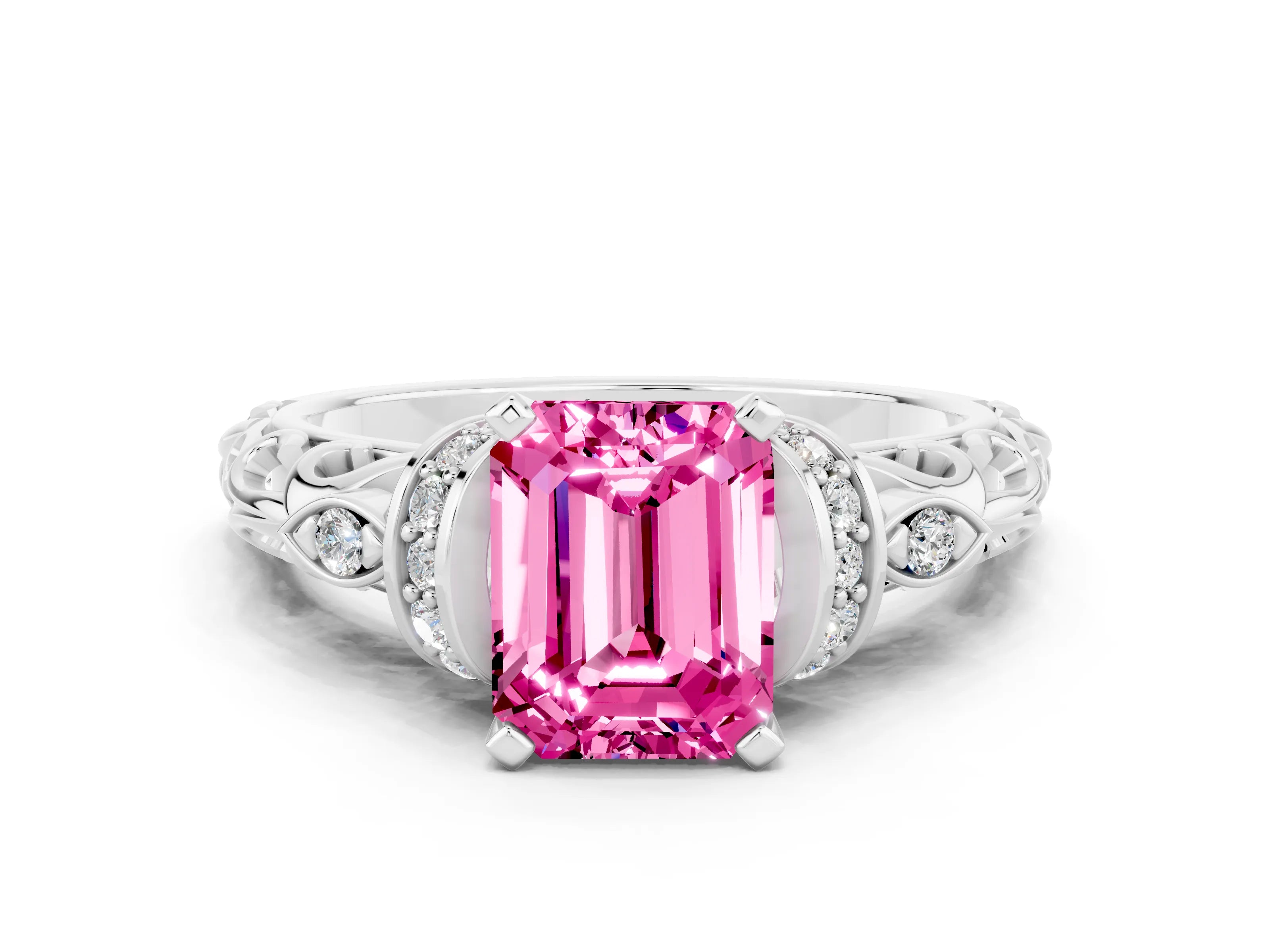 White gold Emerald Cut Pink Sapphire Solitaire Ring with Filigree Band and Four-Prong Setting_48