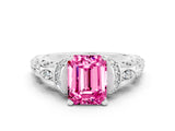 White gold Emerald Cut Pink Sapphire Solitaire Ring with Filigree Band and Four-Prong Setting_48