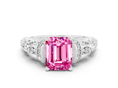 White gold Emerald Cut Pink Sapphire Solitaire Ring with Filigree Band and Four-Prong Setting_48