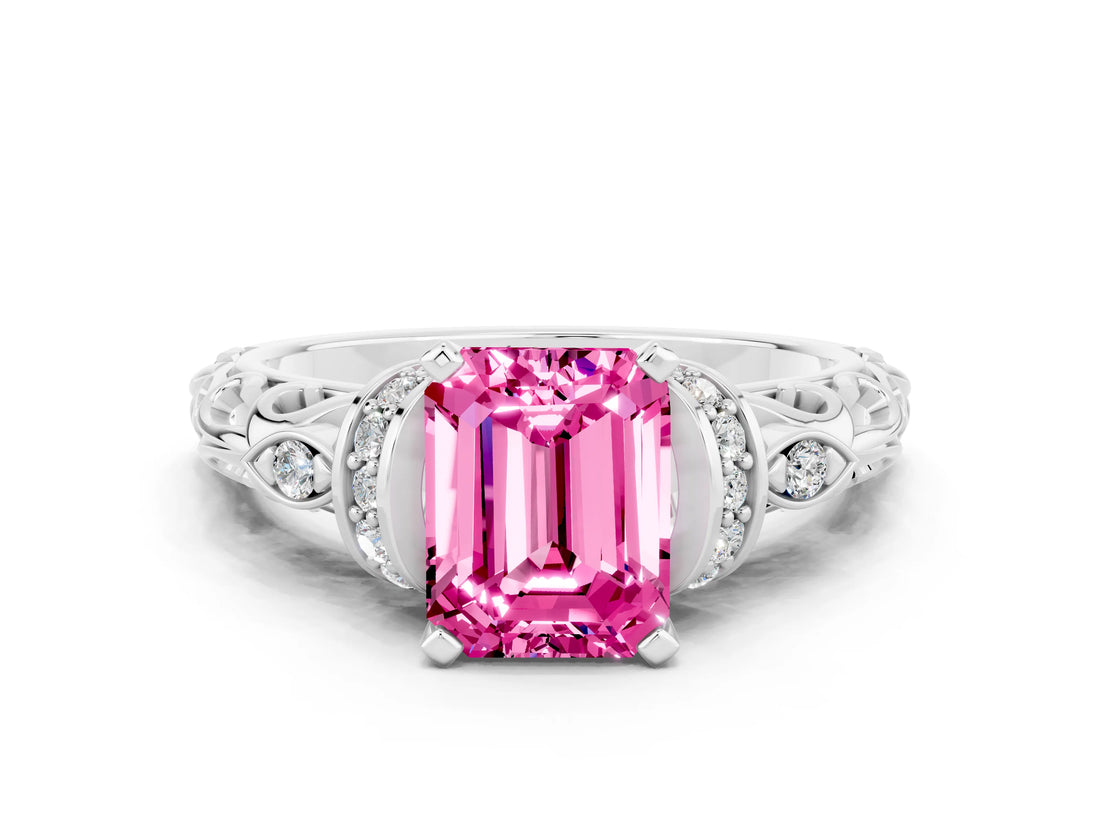 White gold Emerald Cut Pink Sapphire Solitaire Ring with Filigree Band and Four-Prong Setting_48