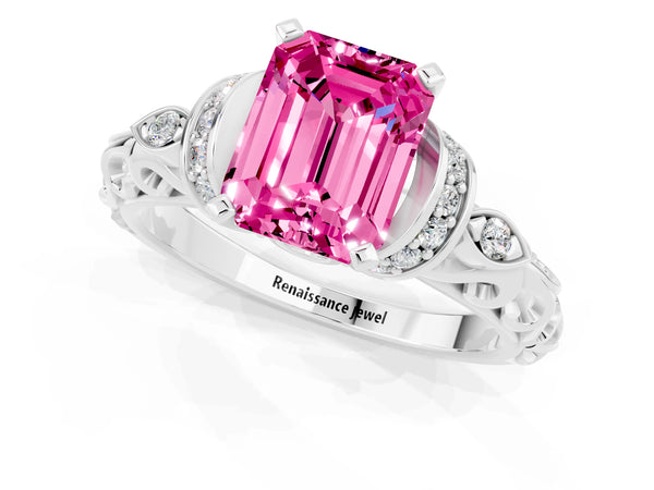 Silver Emerald Cut Pink Sapphire Solitaire Ring with Filigree Band and Four-Prong Setting