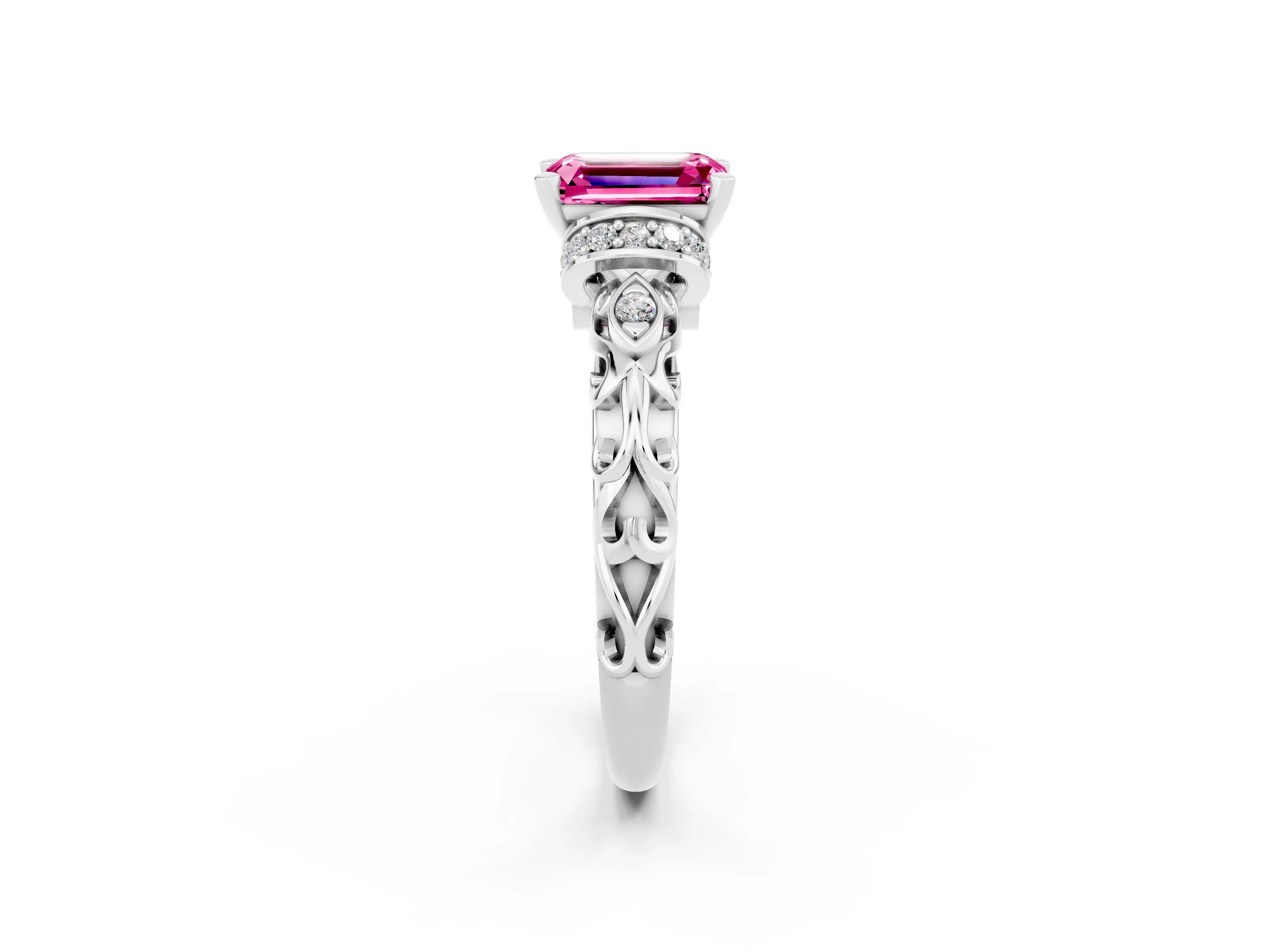 White gold Emerald Cut Pink Sapphire Solitaire Ring with Filigree Band and Four-Prong Setting_50