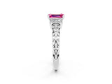 White gold Emerald Cut Pink Sapphire Solitaire Ring with Filigree Band and Four-Prong Setting_50
