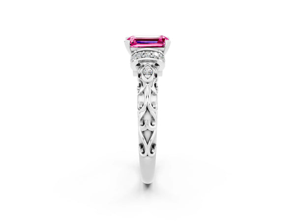 Silver Emerald Cut Pink Sapphire Solitaire Ring with Filigree Band and Four-Prong Setting