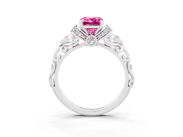 Platinum Emerald Cut Pink Sapphire Solitaire Ring with Filigree Band and Four-Prong Setting