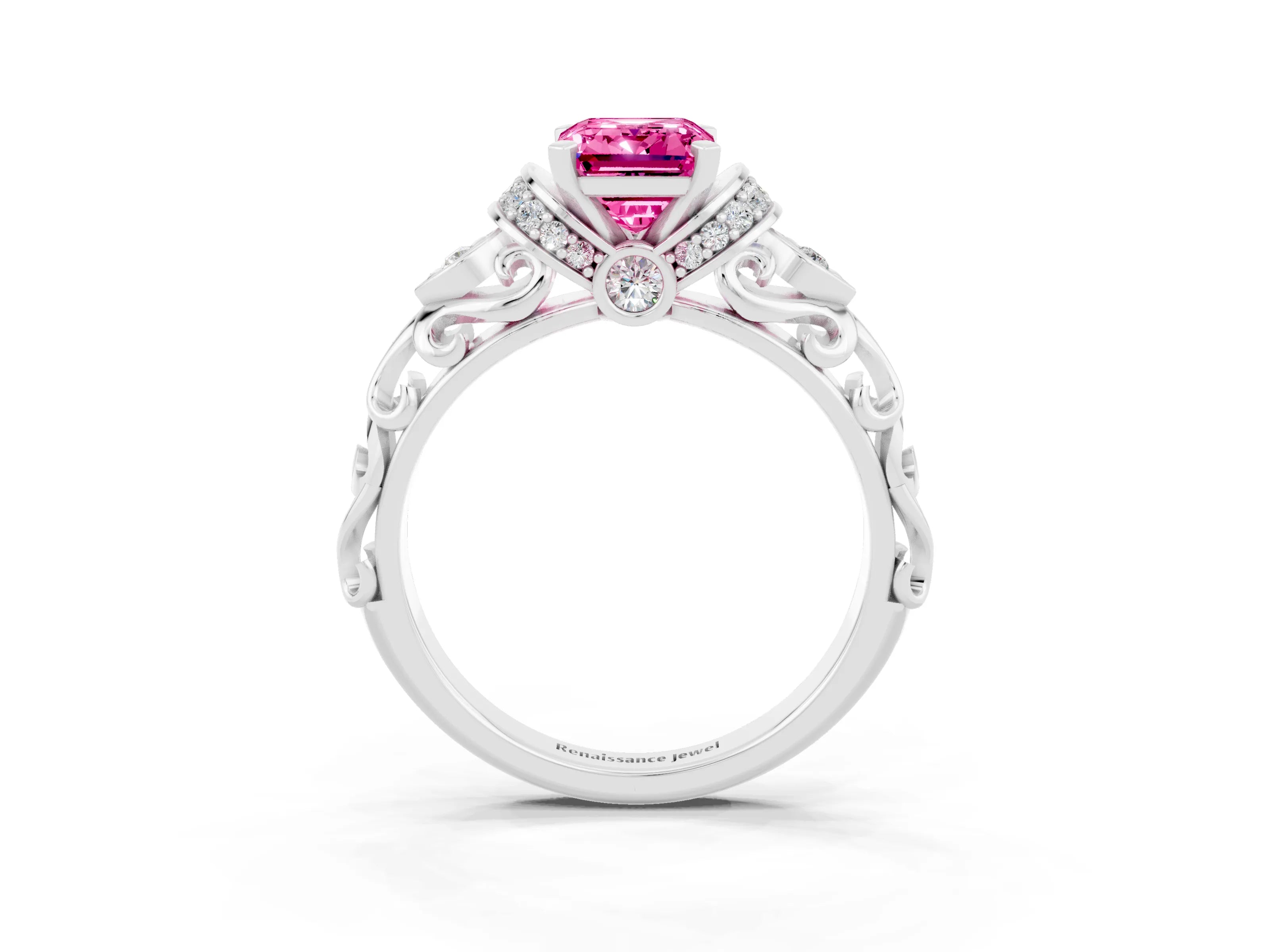 White gold Emerald Cut Pink Sapphire Solitaire Ring with Filigree Band and Four-Prong Setting_51