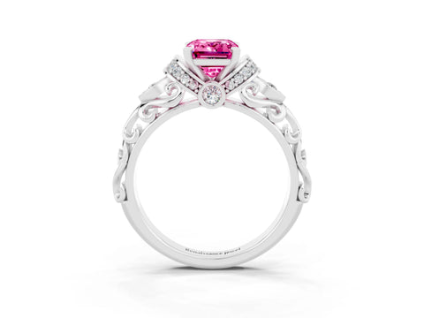 White gold Emerald Cut Pink Sapphire Solitaire Ring with Filigree Band and Four-Prong Setting_51