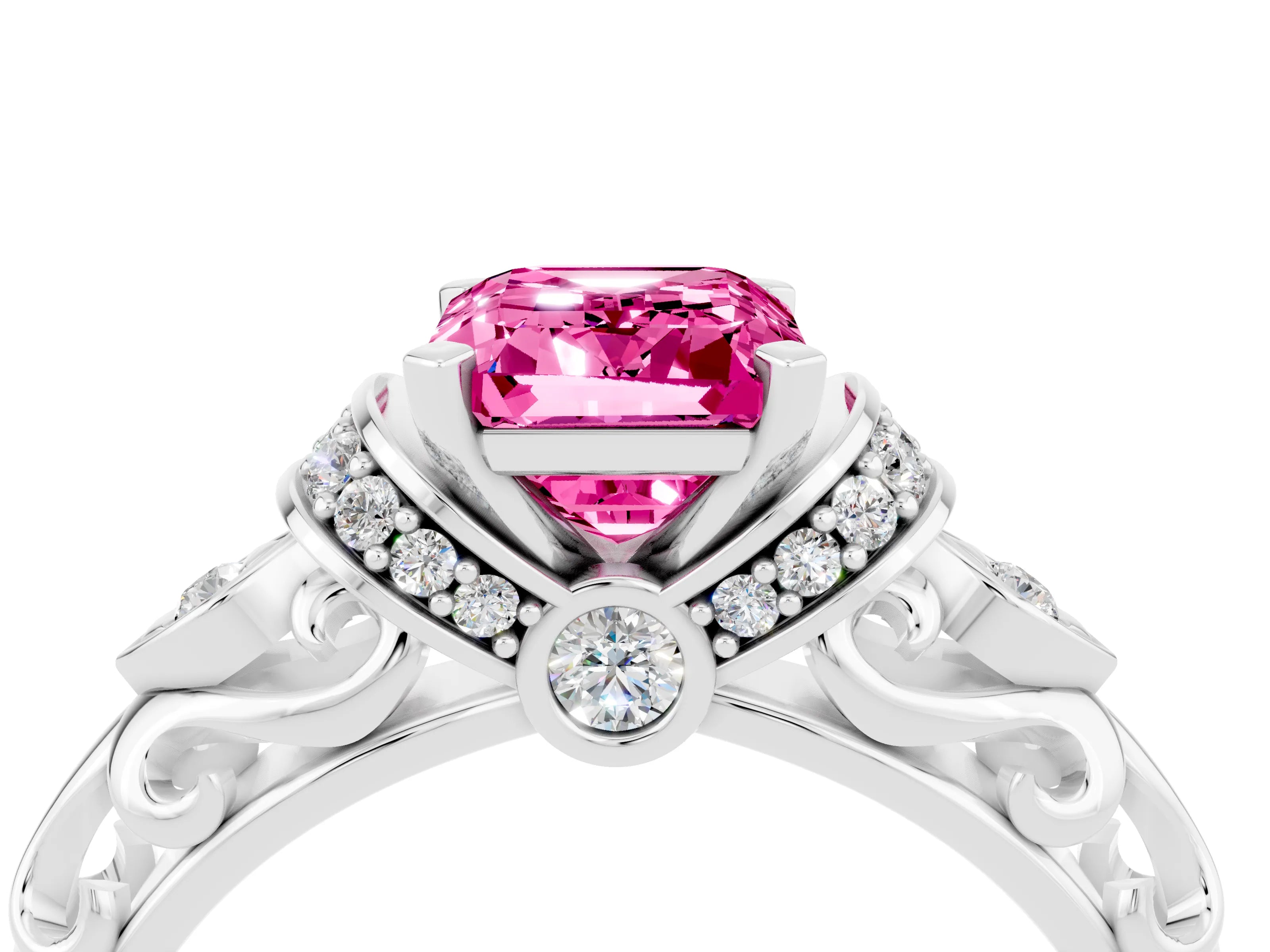 White gold Emerald Cut Pink Sapphire Solitaire Ring with Filigree Band and Four-Prong Setting_52