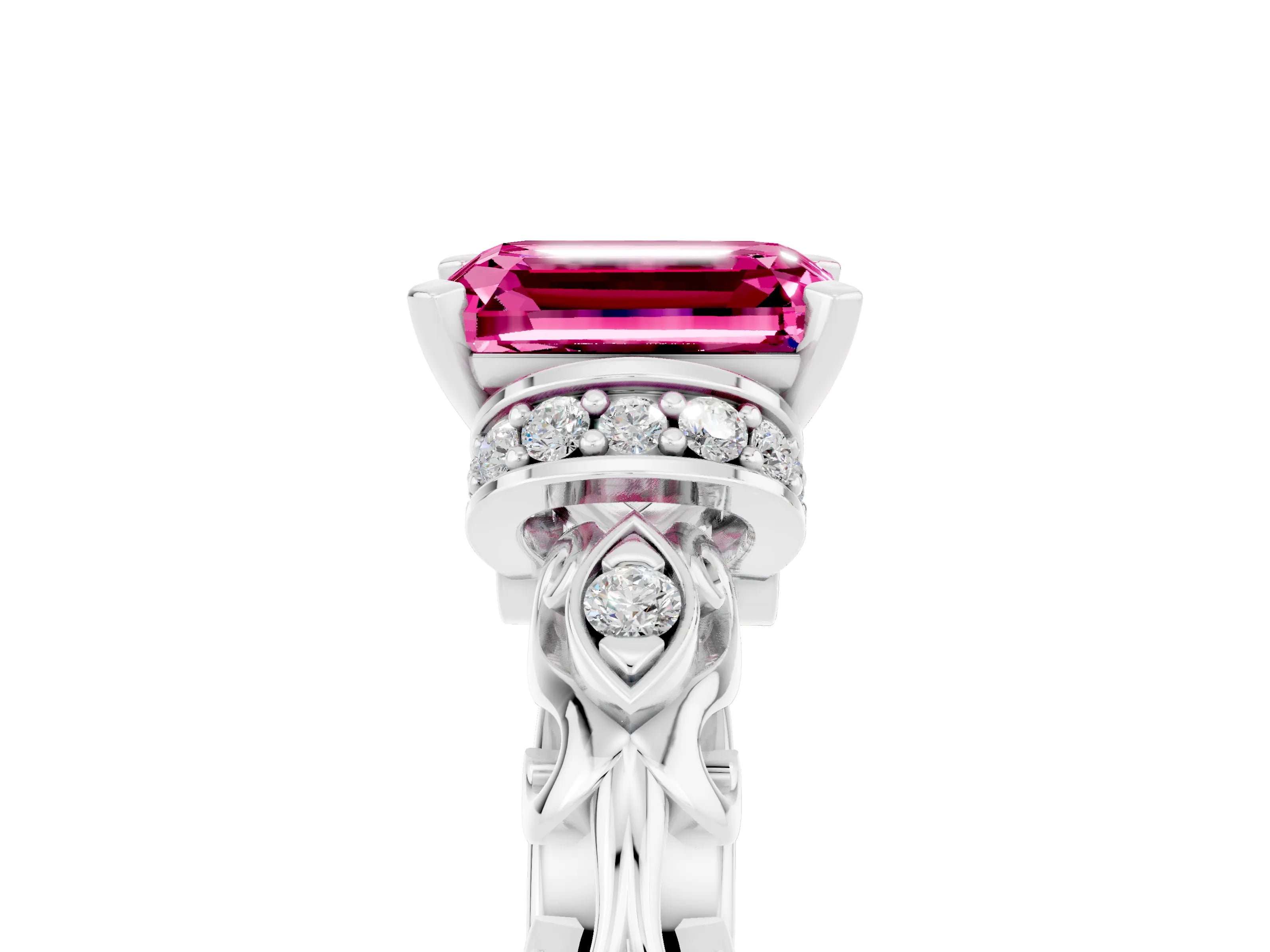 White gold Emerald Cut Pink Sapphire Solitaire Ring with Filigree Band and Four-Prong Setting_53