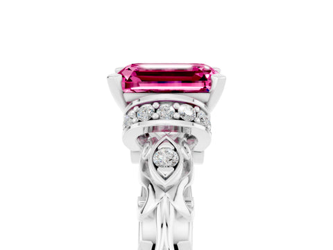 White gold Emerald Cut Pink Sapphire Solitaire Ring with Filigree Band and Four-Prong Setting_53