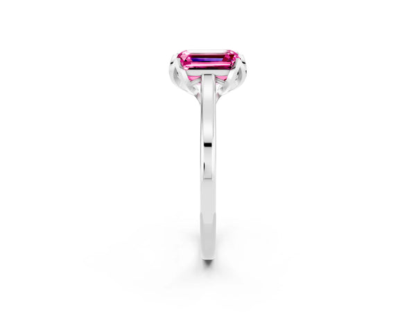 White gold Emerald Cut Pink Sapphire Solitaire Ring with Flower Prong Setting and Classic Band