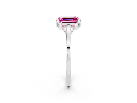 White gold Emerald Cut Pink Sapphire Solitaire Ring with Flower Prong Setting and Classic Band_14
