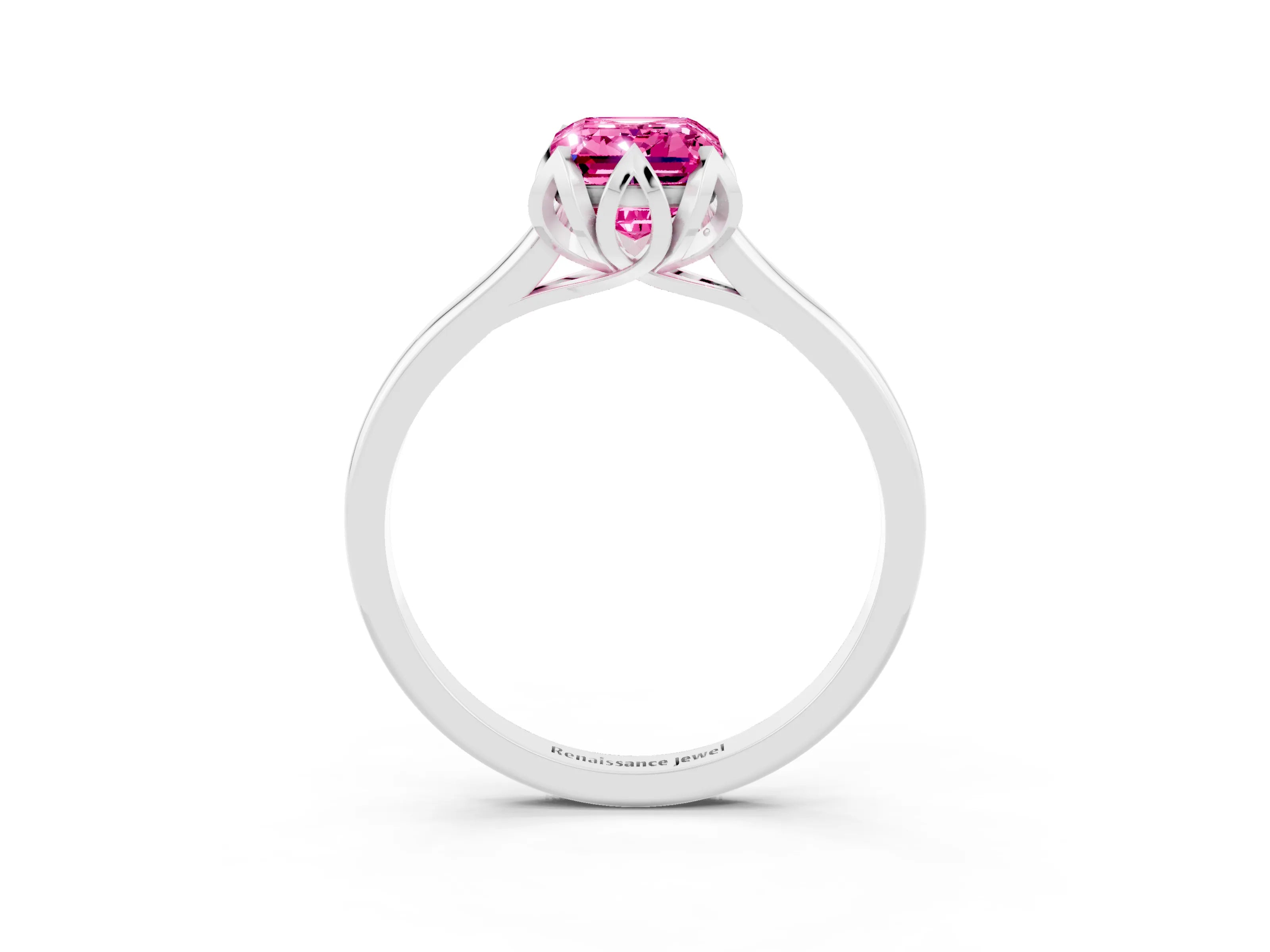 White gold Emerald Cut Pink Sapphire Solitaire Ring with Flower Prong Setting and Classic Band_15