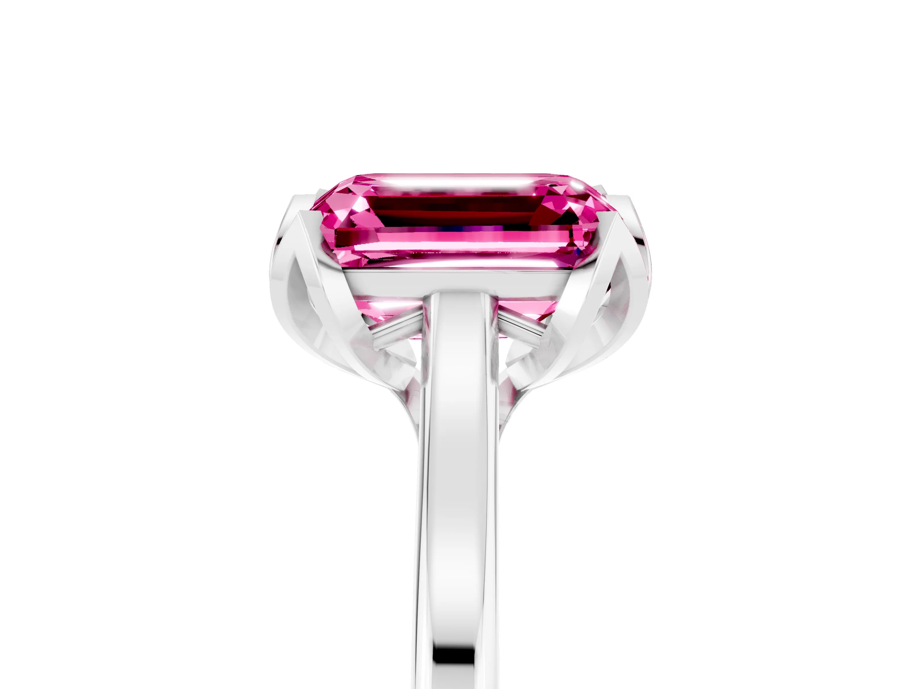 White gold Emerald Cut Pink Sapphire Solitaire Ring with Flower Prong Setting and Classic Band_17