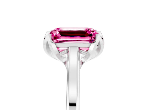 White gold Emerald Cut Pink Sapphire Solitaire Ring with Flower Prong Setting and Classic Band_17