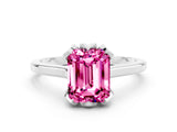 White gold Emerald Cut Pink Sapphire Solitaire Ring with Flower Prong Setting and Classic Band_36