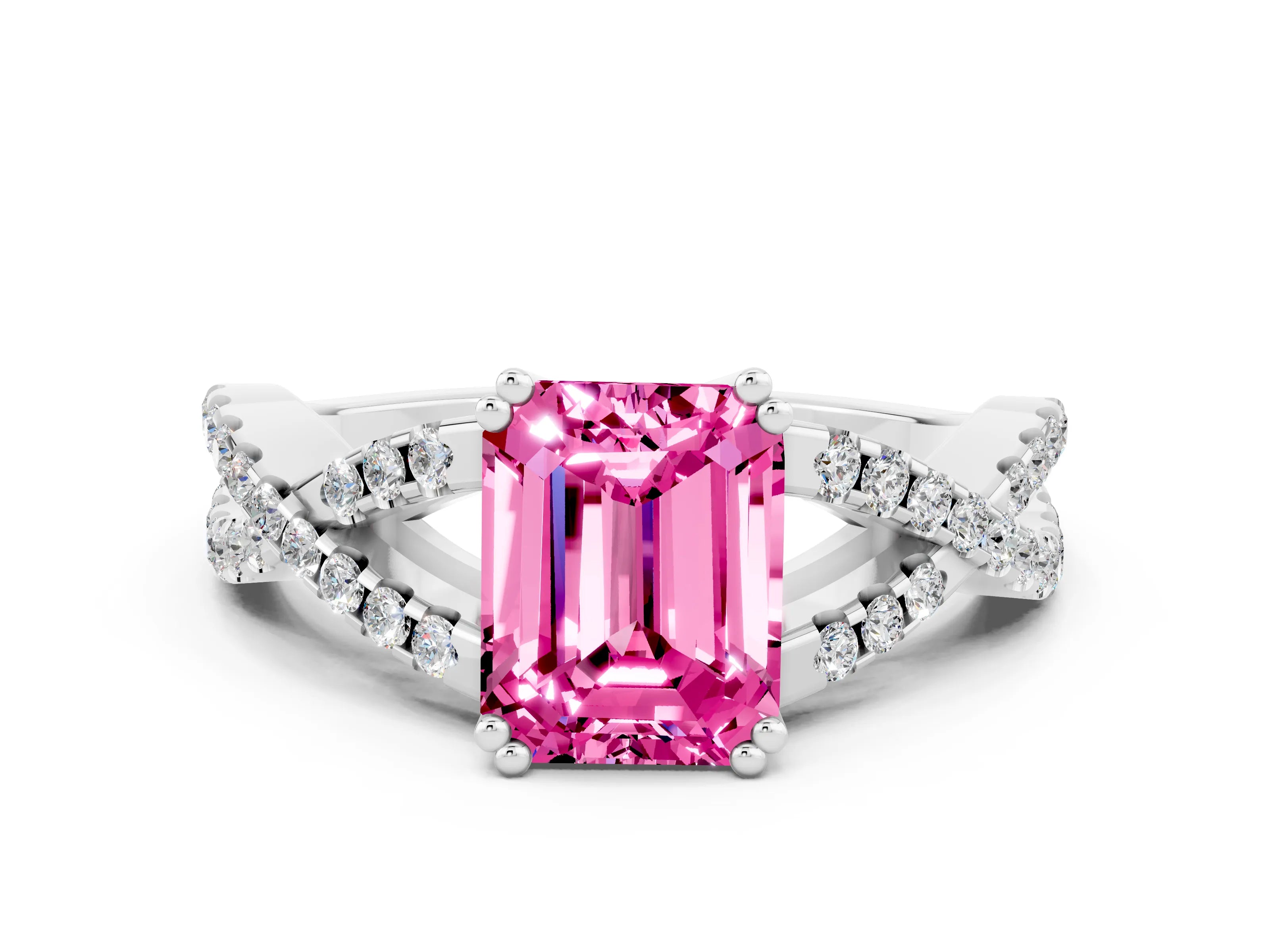 White gold Emerald Cut Pink Sapphire Solitaire Ring with Four-Prong Setting and Twisted Pavé Band_12