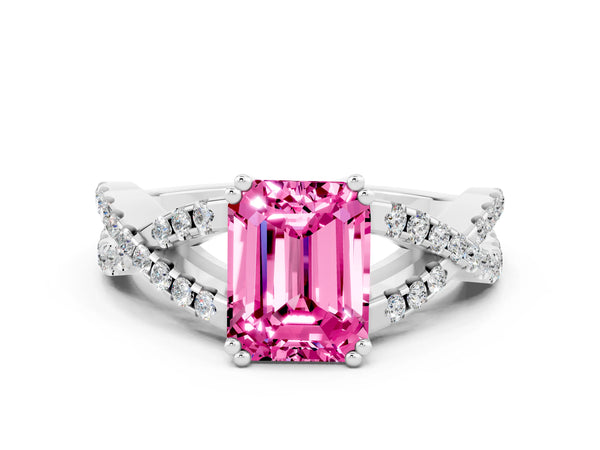 Silver Emerald Cut Pink Sapphire Solitaire Ring with Four-Prong Setting and Twisted Pavé Band