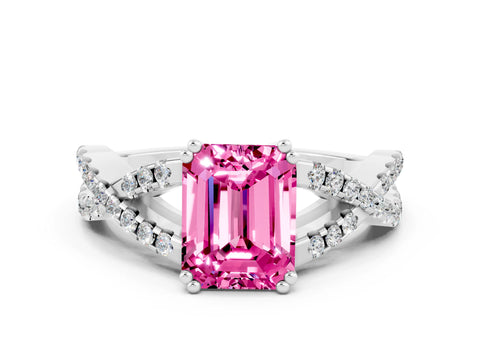 White gold Emerald Cut Pink Sapphire Solitaire Ring with Four-Prong Setting and Twisted Pavé Band_12