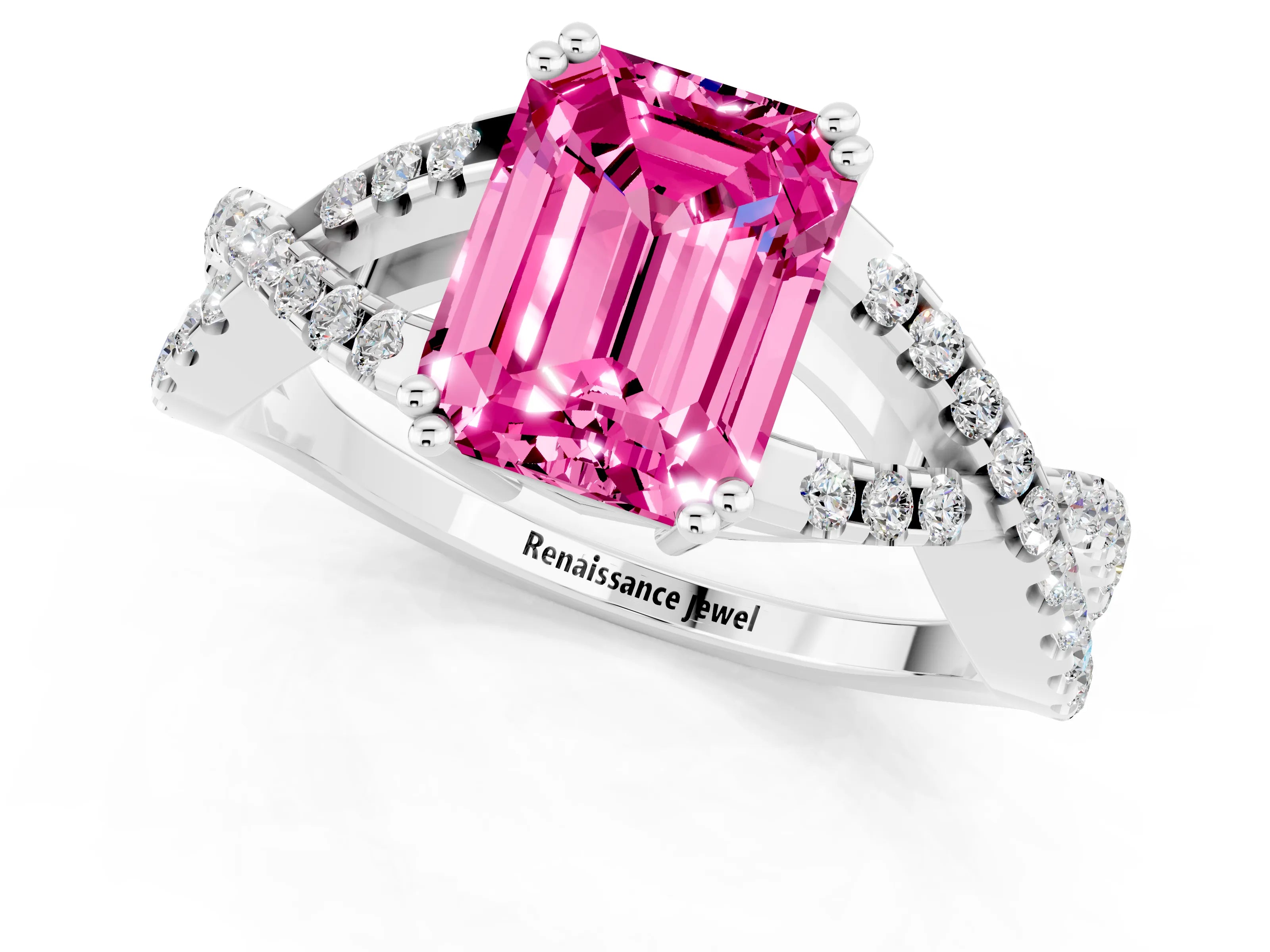 White gold Emerald Cut Pink Sapphire Solitaire Ring with Four-Prong Setting and Twisted Pavé Band_13