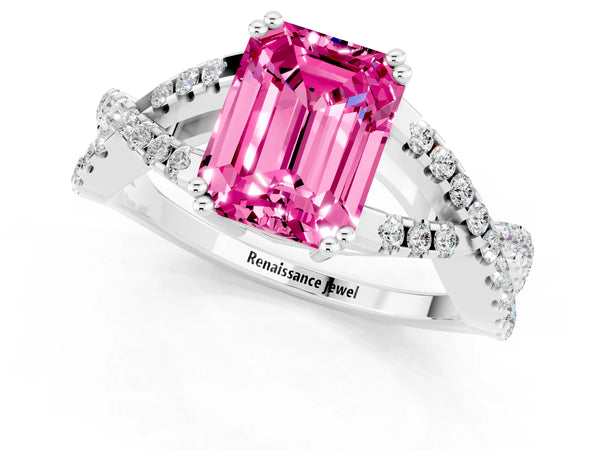 White gold Emerald Cut Pink Sapphire Solitaire Ring with Four-Prong Setting and Twisted Pavé Band