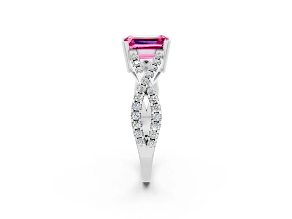 White gold Emerald Cut Pink Sapphire Solitaire Ring with Four-Prong Setting and Twisted Pavé Band