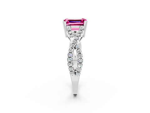 White gold Emerald Cut Pink Sapphire Solitaire Ring with Four-Prong Setting and Twisted Pavé Band_14