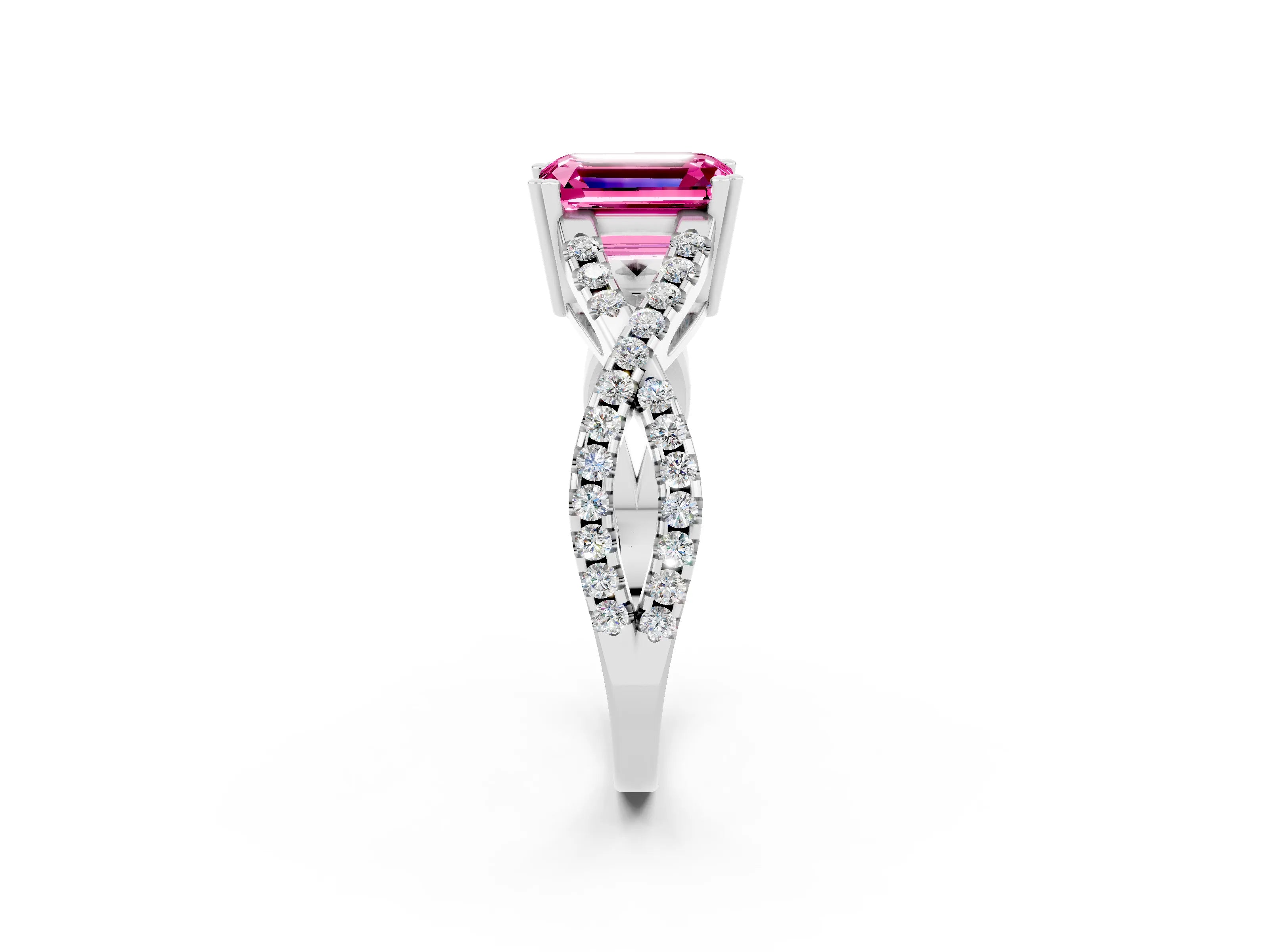 White gold Emerald Cut Pink Sapphire Solitaire Ring with Four-Prong Setting and Twisted Pavé Band_14