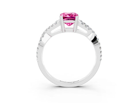 White gold Emerald Cut Pink Sapphire Solitaire Ring with Four-Prong Setting and Twisted Pavé Band_15