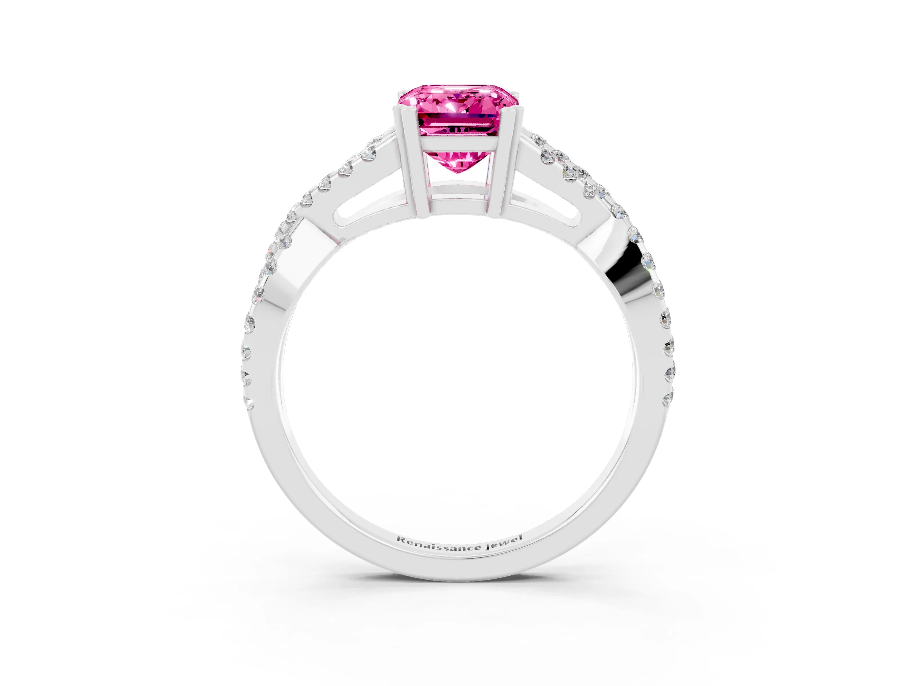 White gold Emerald Cut Pink Sapphire Solitaire Ring with Four-Prong Setting and Twisted Pavé Band_15