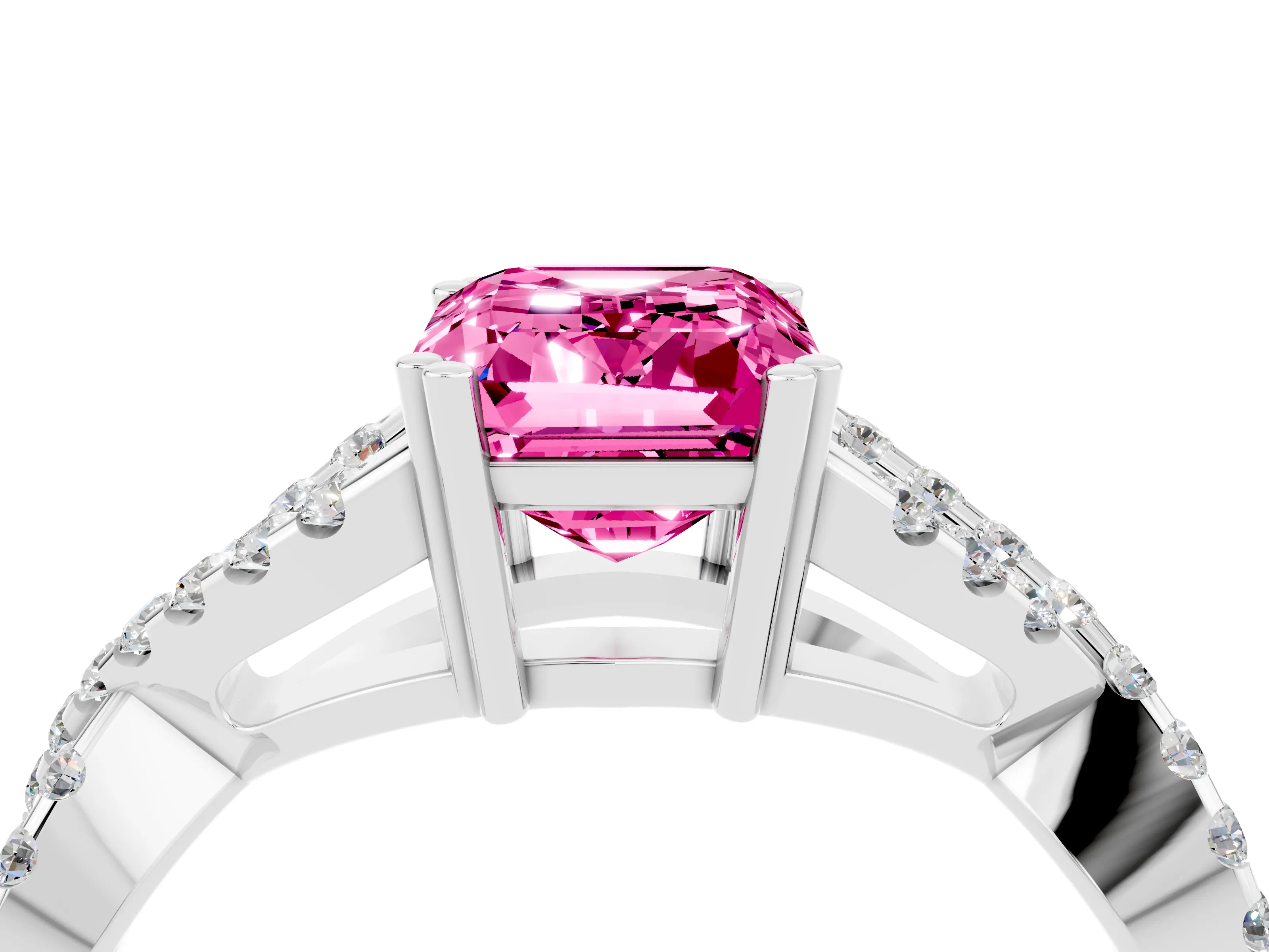 White gold Emerald Cut Pink Sapphire Solitaire Ring with Four-Prong Setting and Twisted Pavé Band_16