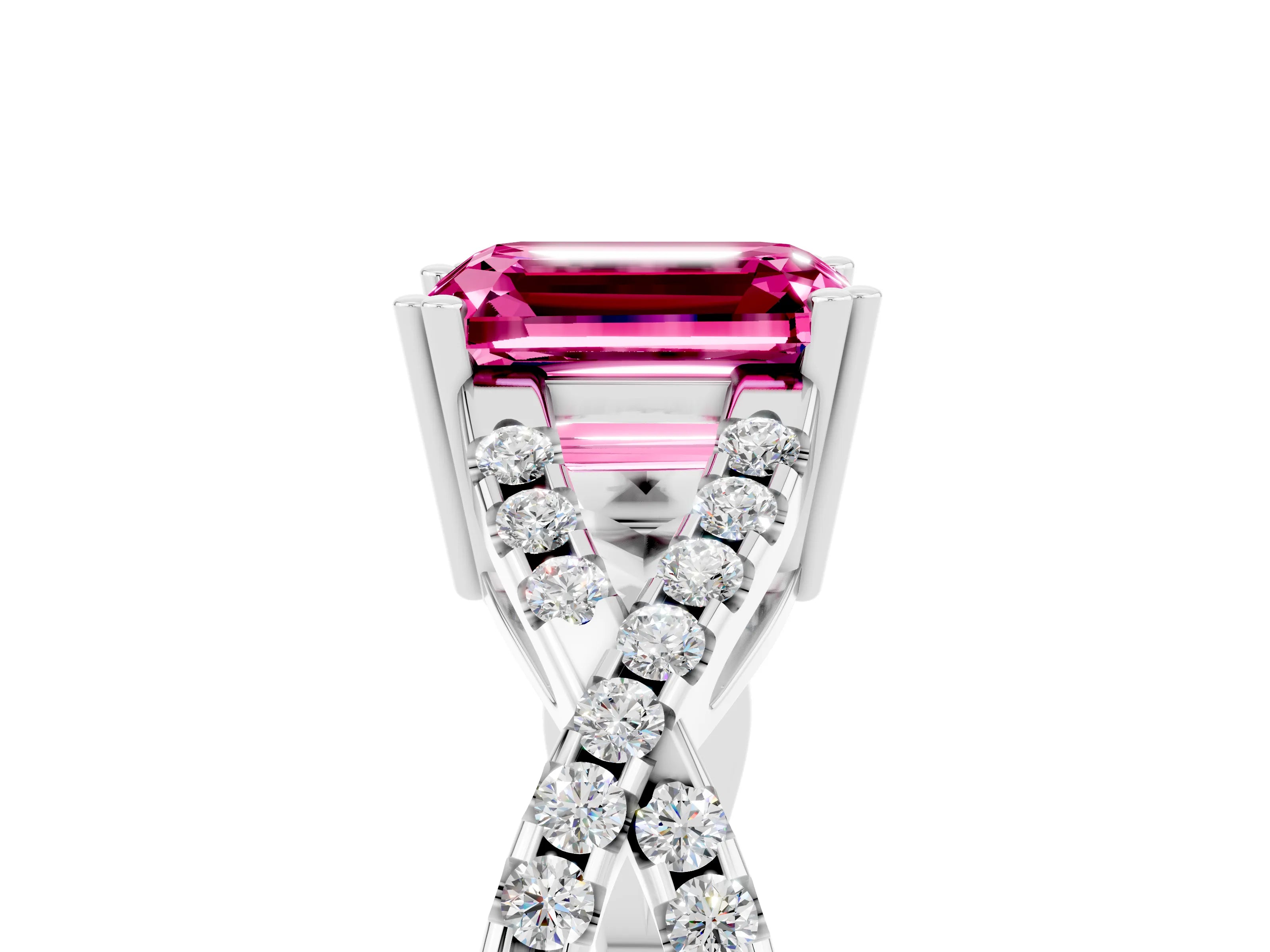 White gold Emerald Cut Pink Sapphire Solitaire Ring with Four-Prong Setting and Twisted Pavé Band_17