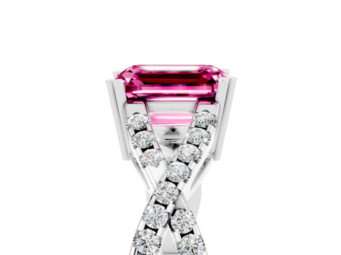 White gold Emerald Cut Pink Sapphire Solitaire Ring with Four-Prong Setting and Twisted Pavé Band_17