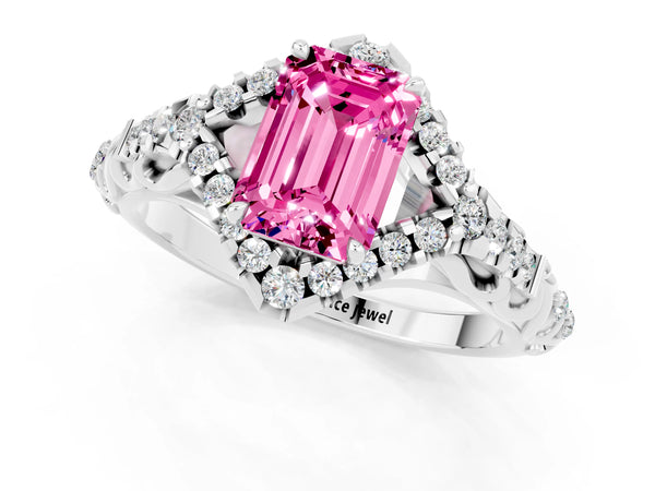 White gold Emerald Cut Pink Sapphire Solitaire Ring with Hidden Halo and Pavé Band