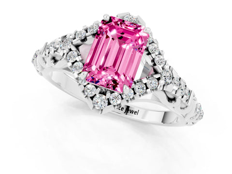 White gold Emerald Cut Pink Sapphire Solitaire Ring with Hidden Halo and Pavé Band_36