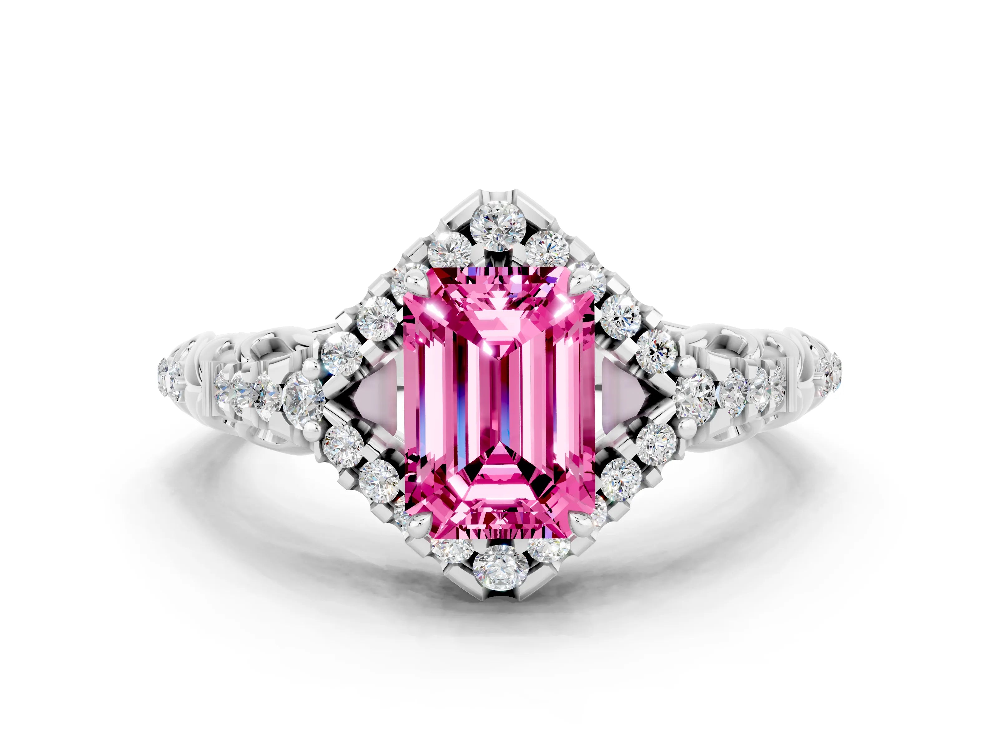 White gold Emerald Cut Pink Sapphire Solitaire Ring with Hidden Halo and Pavé Band_36