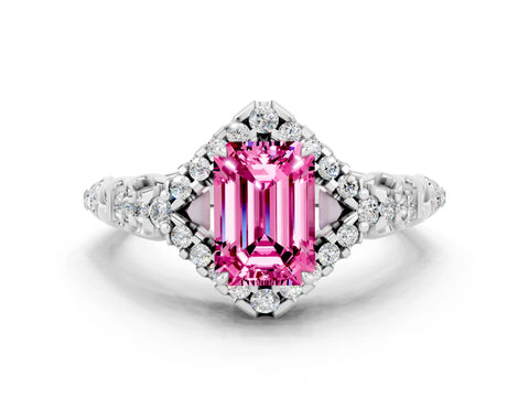 White gold Emerald Cut Pink Sapphire Solitaire Ring with Hidden Halo and Pavé Band_36