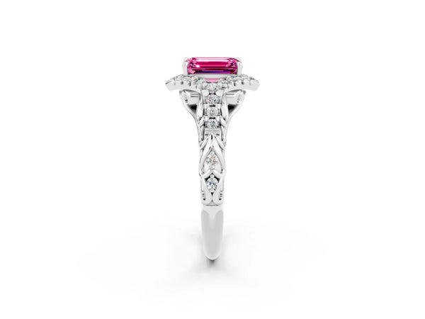White gold Emerald Cut Pink Sapphire Solitaire Ring with Hidden Halo and Pavé Band