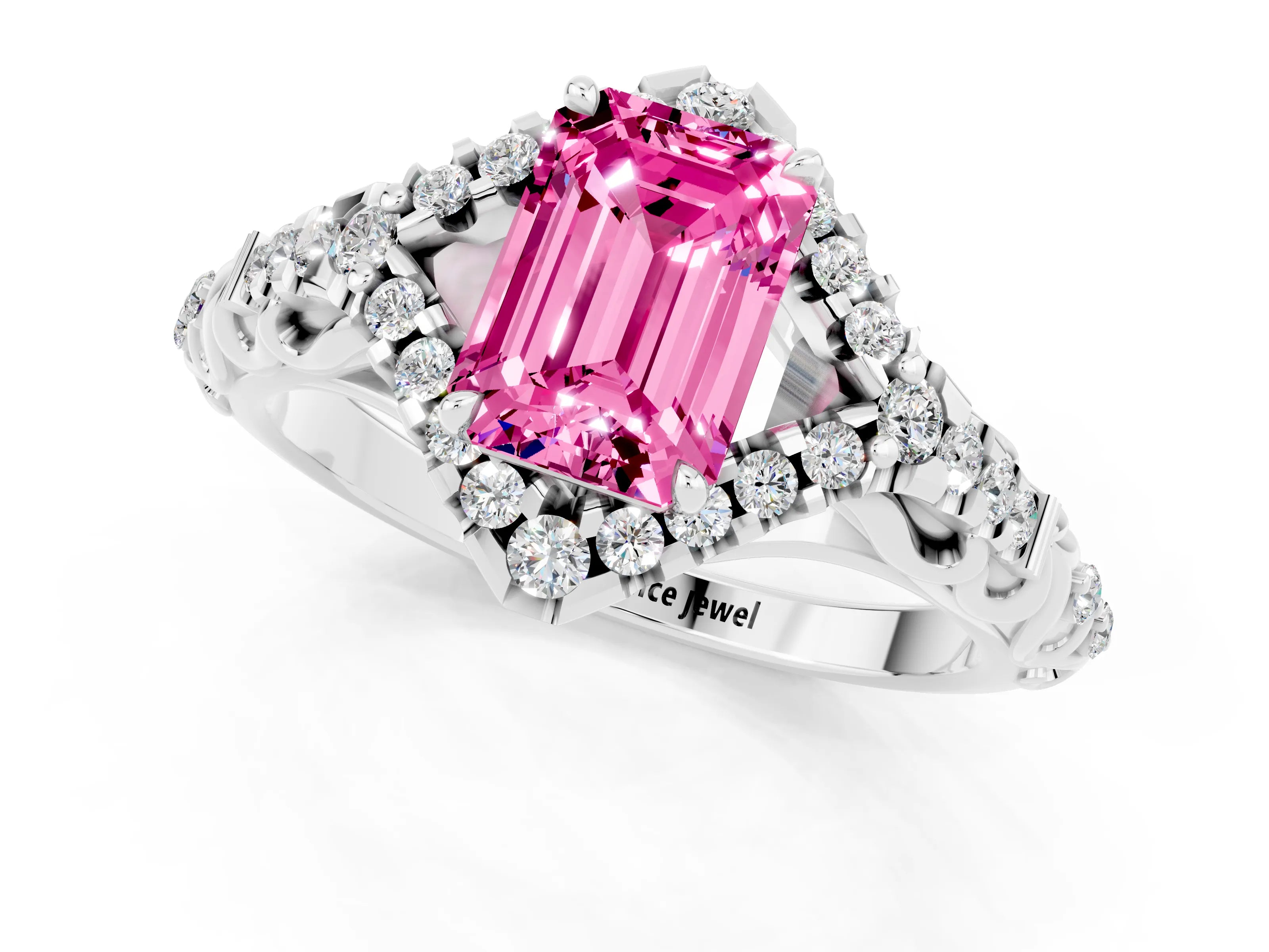 White gold Emerald Cut Pink Sapphire Solitaire Ring with Hidden Halo and Pavé Band_37