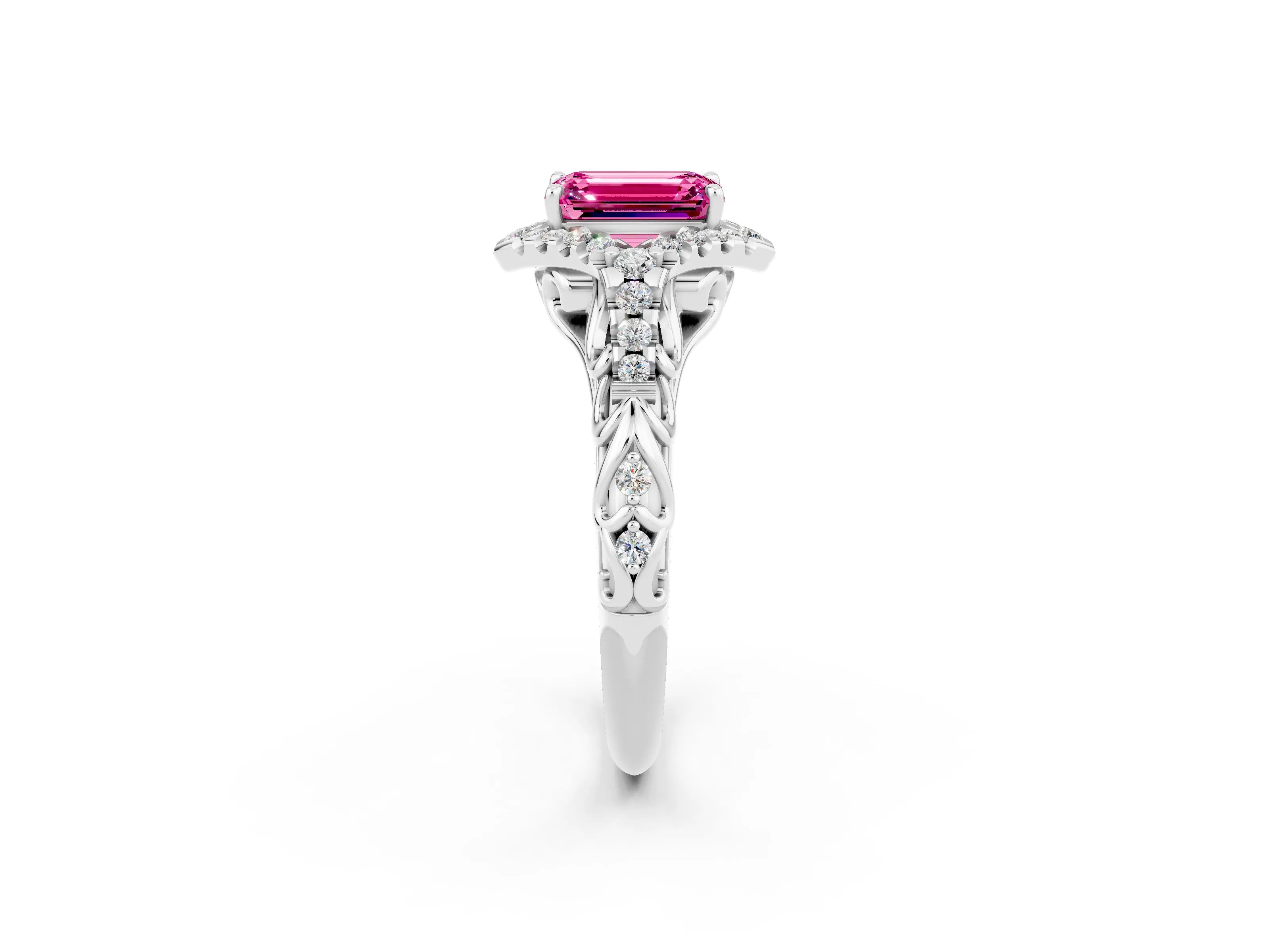 White gold Emerald Cut Pink Sapphire Solitaire Ring with Hidden Halo and Pavé Band_38