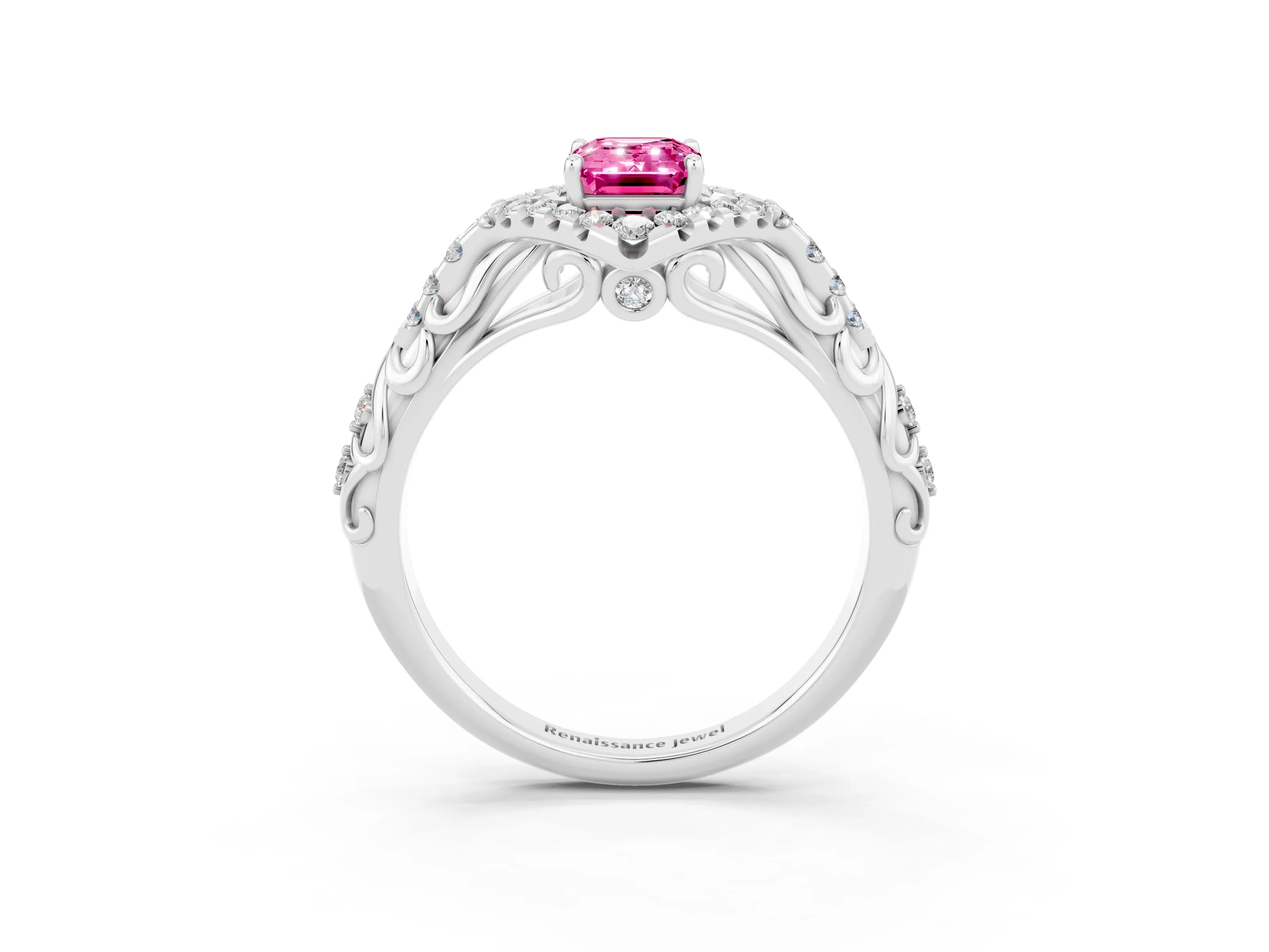 White gold Emerald Cut Pink Sapphire Solitaire Ring with Hidden Halo and Pavé Band_38