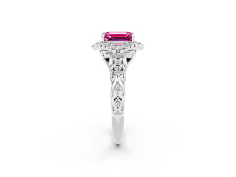 White gold Emerald Cut Pink Sapphire Solitaire Ring with Hidden Halo and Pavé Band_38