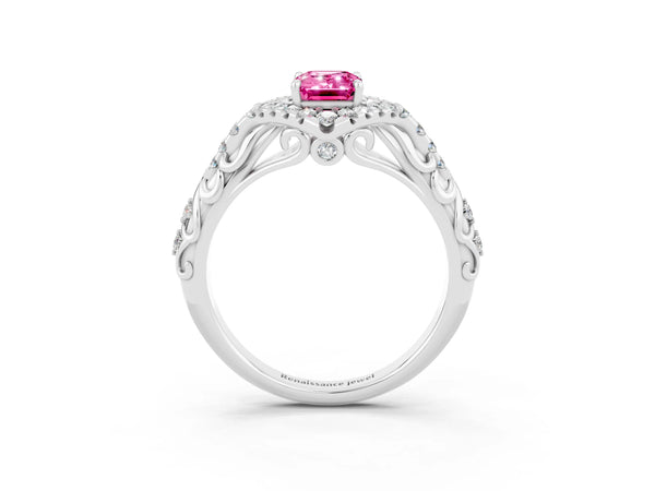 Platinum Emerald Cut Pink Sapphire Solitaire Ring with Hidden Halo and Pavé Band