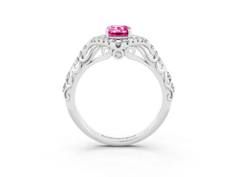 White gold Emerald Cut Pink Sapphire Solitaire Ring with Hidden Halo and Pavé Band_39