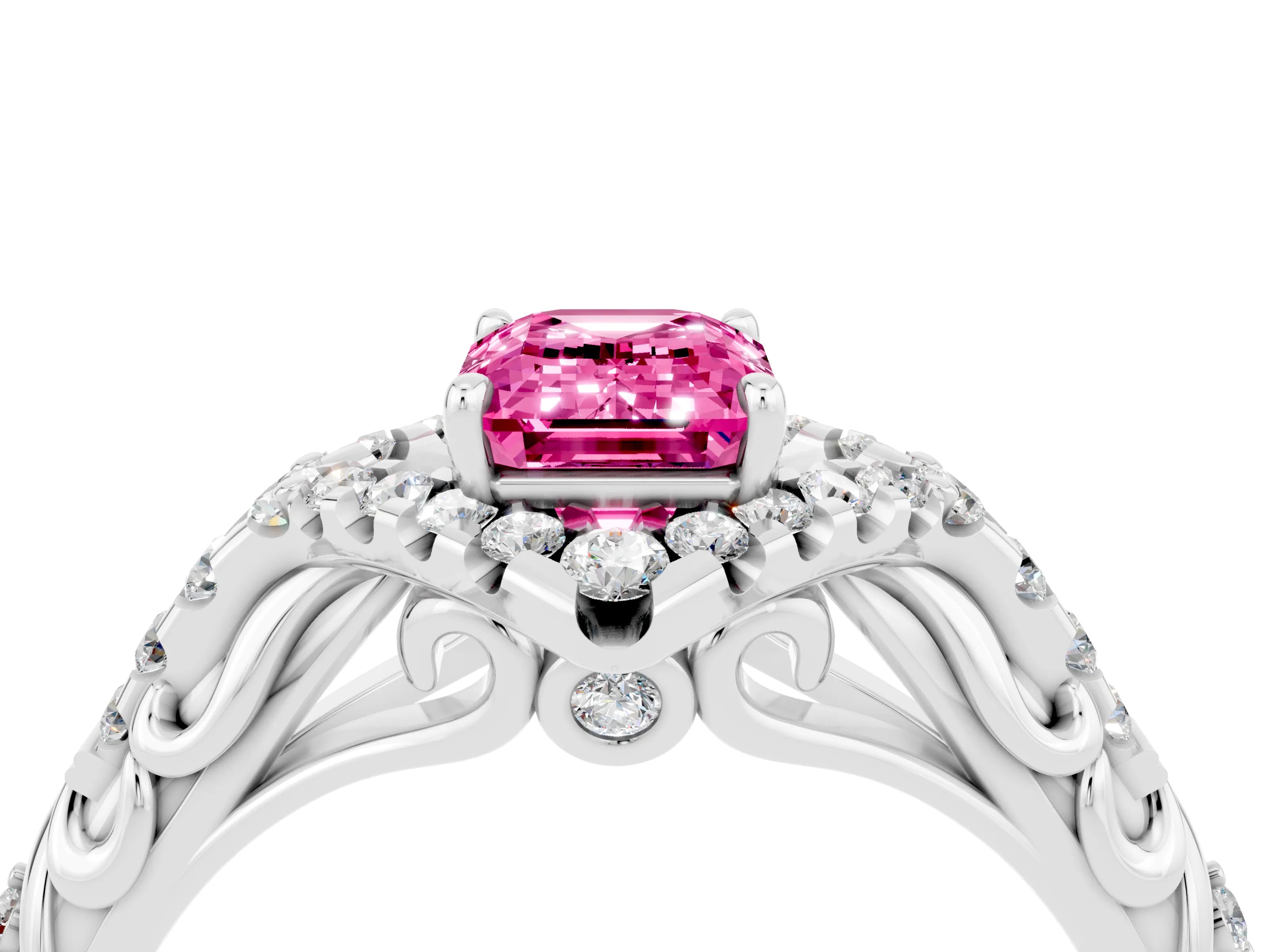 White gold Emerald Cut Pink Sapphire Solitaire Ring with Hidden Halo and Pavé Band_40