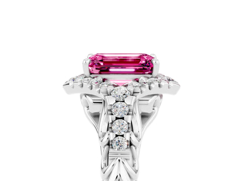 White gold Emerald Cut Pink Sapphire Solitaire Ring with Hidden Halo and Pavé Band_40